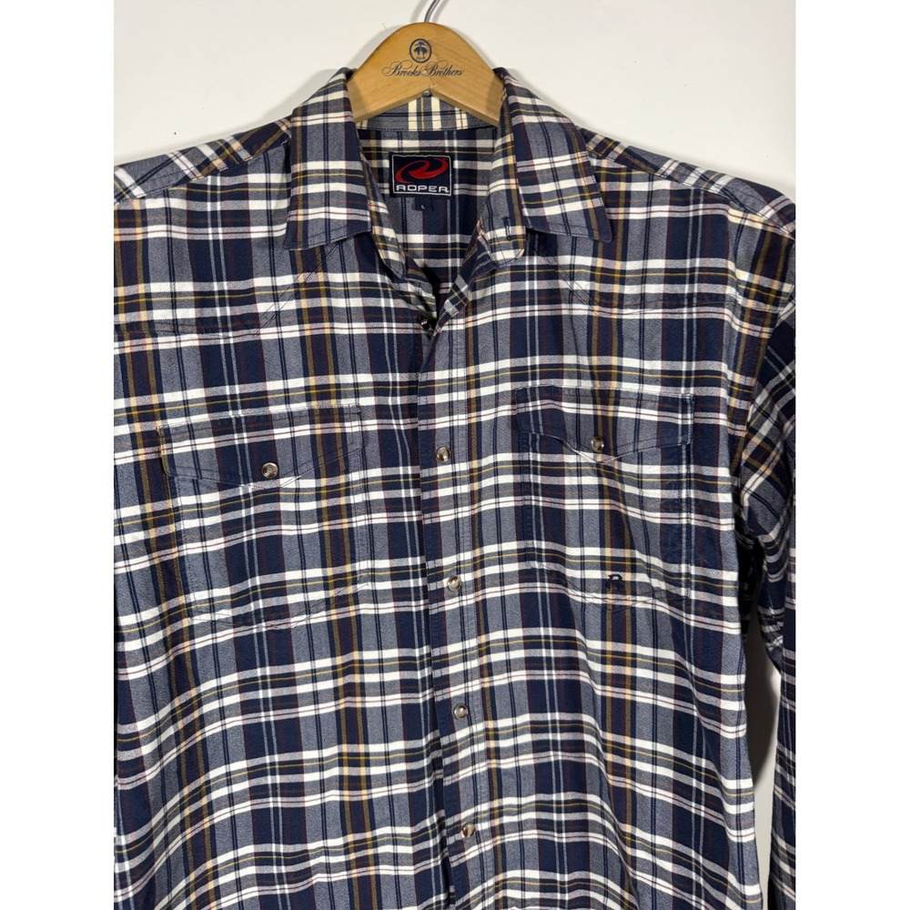 Roper Mens Large Blue Plaid Long Sleeve Western Snap Down Shirt Dual Pocket Yoke